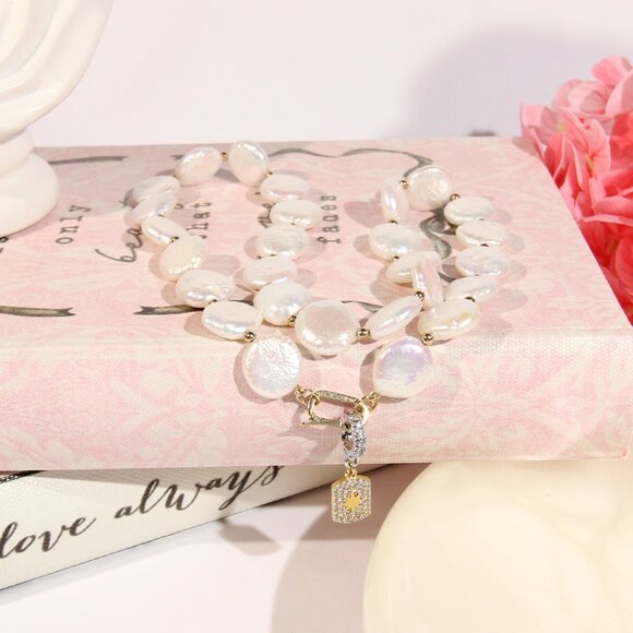 Freshwater Coin Pearls Necklace and .925 Sterling Silver - Picture 9 of 13